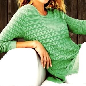 Soft Surroundings Apple Green Stripe Top M Long Sleeve Top Braided Side Slits